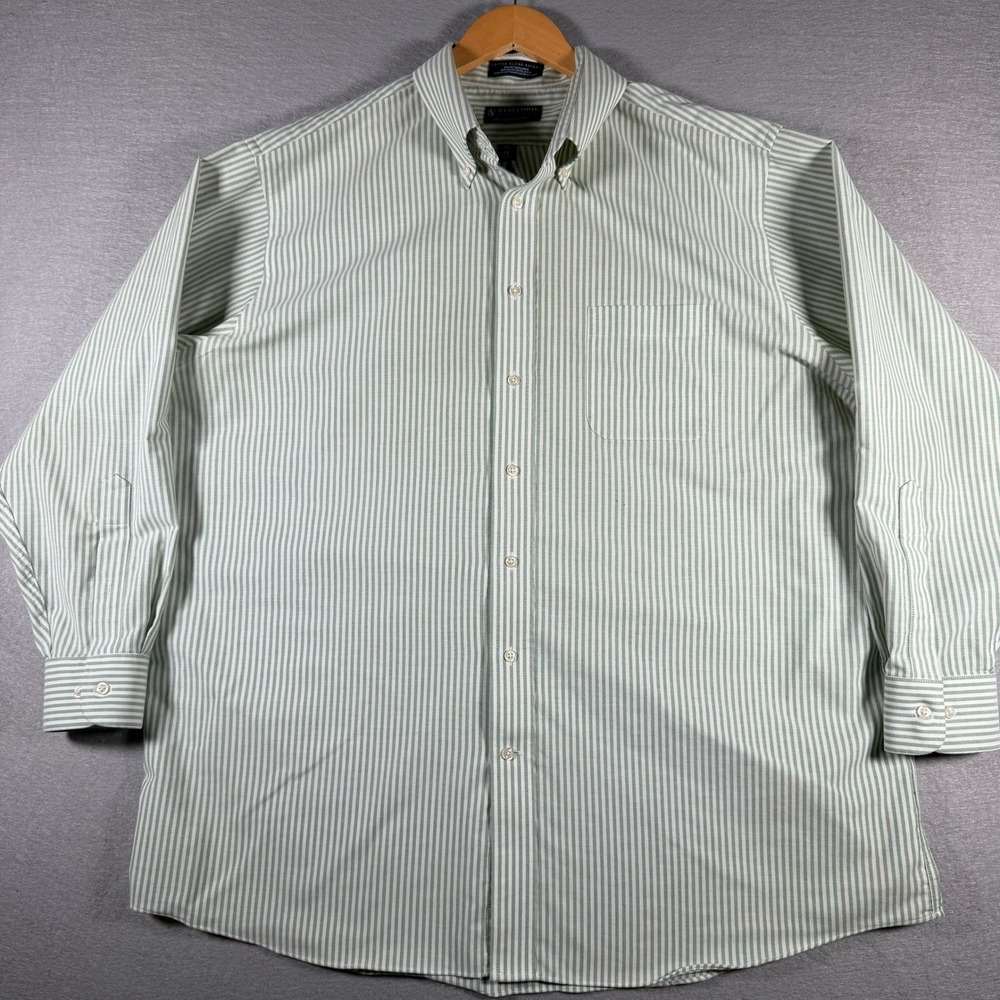 Stafford Essentials Mens Green White Striped Oxford Shirt 18 34-35 Classic Fit